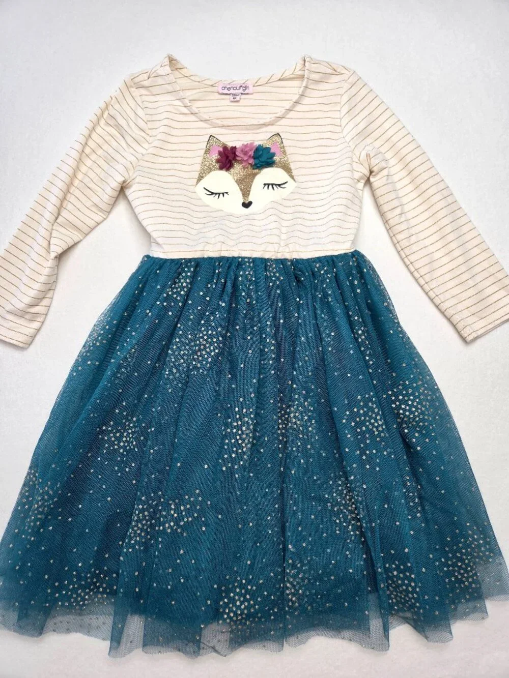 Chenault Girl Girls Dress Fox Appliqué Glitter Tulle Blue Cream Girls Size 6X